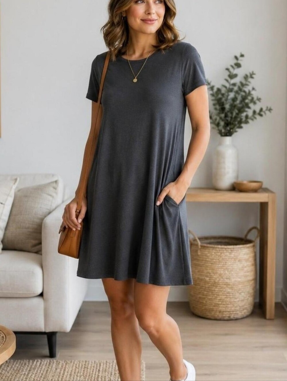Zenana Outfitters Short-Sleeve Pocket Swing Dress - Charcoal Gray